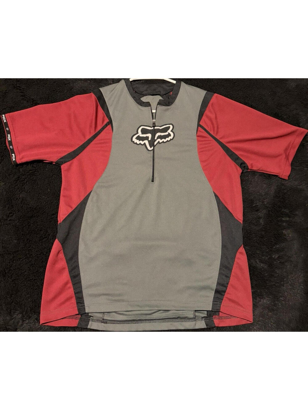 Fox Cycling Jersey Gray Red Black Men's M Short Sleeve 1/4 Zip Rear Pocket